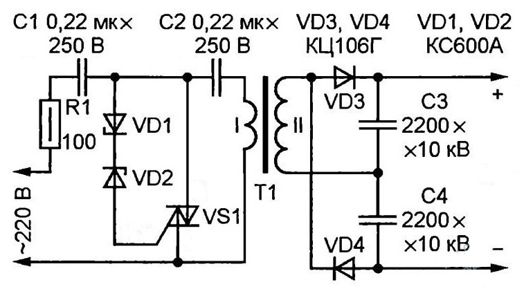 Генератор высокого напряжения на тиристоре схема