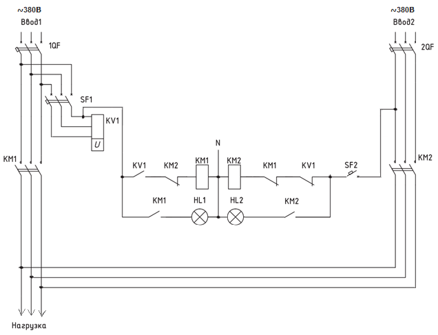 Схема авр на 2 ввода с реле контроля напряжения через контактор