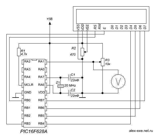 Вольтметр на pic16f628 схема