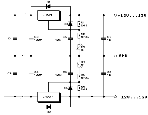 Стабилизатор напряжения 15. Lm317 lm337. Блок питания lm317 lm337 печатка. Lm337 стабилизатор схема включения. Двухполярный блок питания на lm317 и lm337 схема.