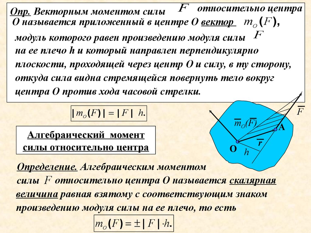 Модуль произведения равен произведению модулей. Вектор момента силы относительно центра. Вектор-момент силы относительно центра равен. Вектор момента силы направлен. Векторный момент силы.