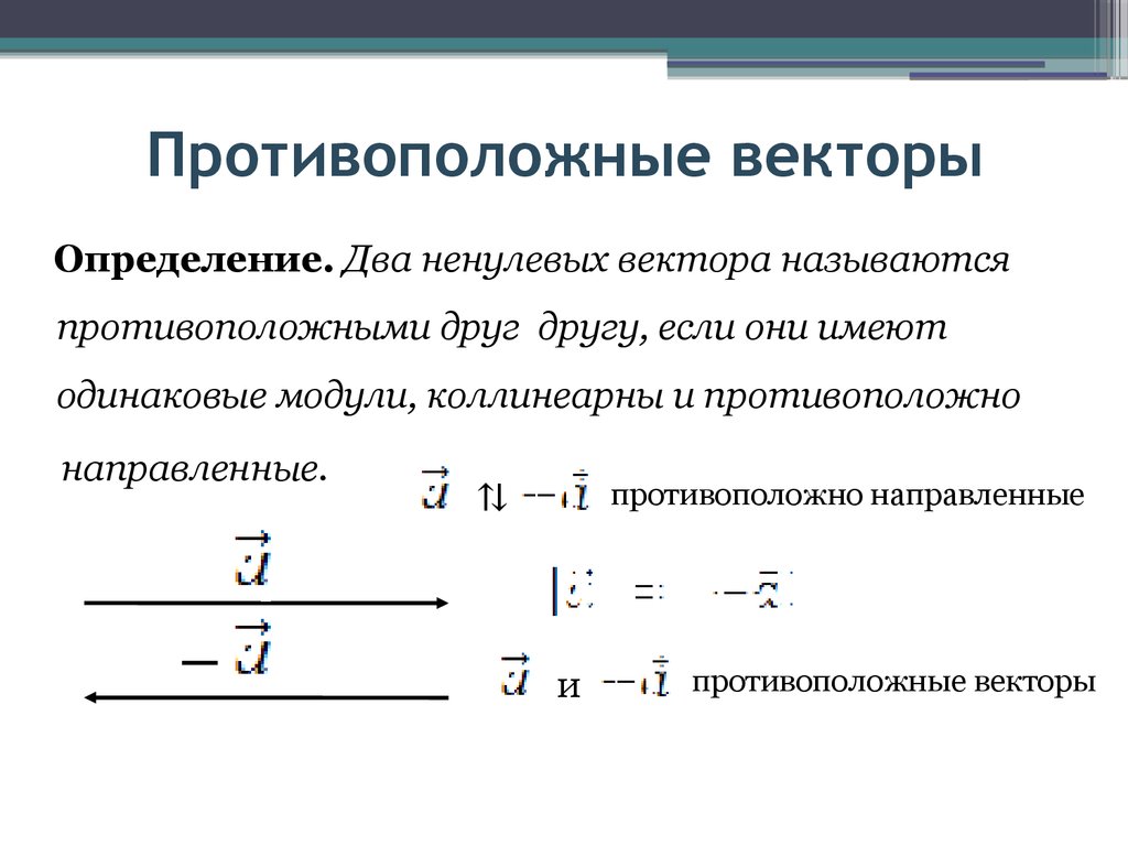 Противоположные векторы. Противоположное направление вектора. Определение противоположных векторов. Одинаковые векторы и противоположные.