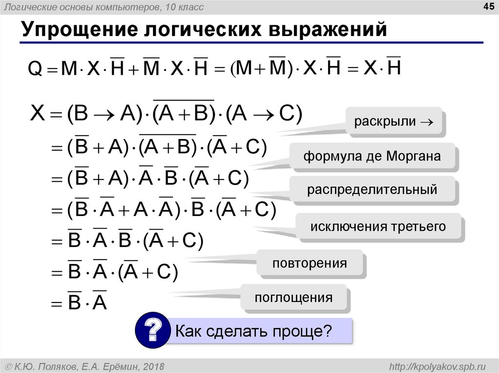 Какие есть логические выражения. Упрощение логических операций таблицы истинности. Логические операции в информатике упрощение. Алгебра логика Информатика 10 класс. Формулы преобразования логических выражений Информатика.