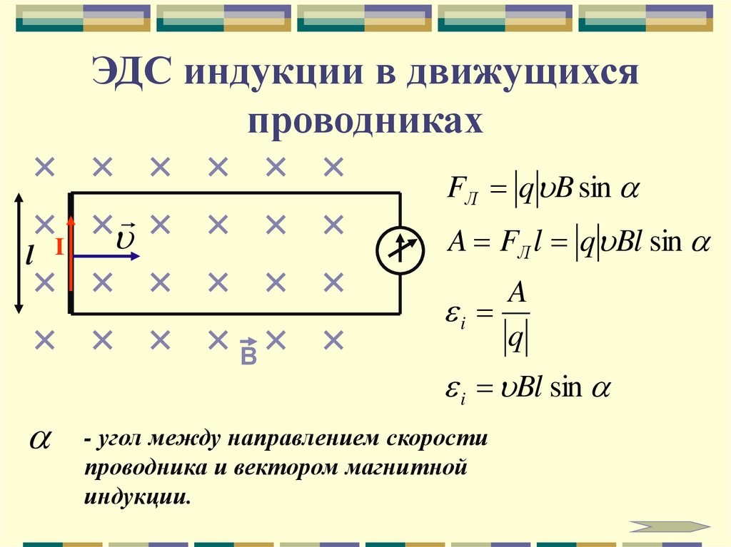 Индукция магнитного поля движущегося проводника. Электромагнитная индукция в движущихся проводниках. Формула для расчета ЭДС индукции в движущихся проводниках. ЭДС индукции в движущихся проводниках формула. Формула ЭДС индукции в проводнике движущемся в магнитном поле.