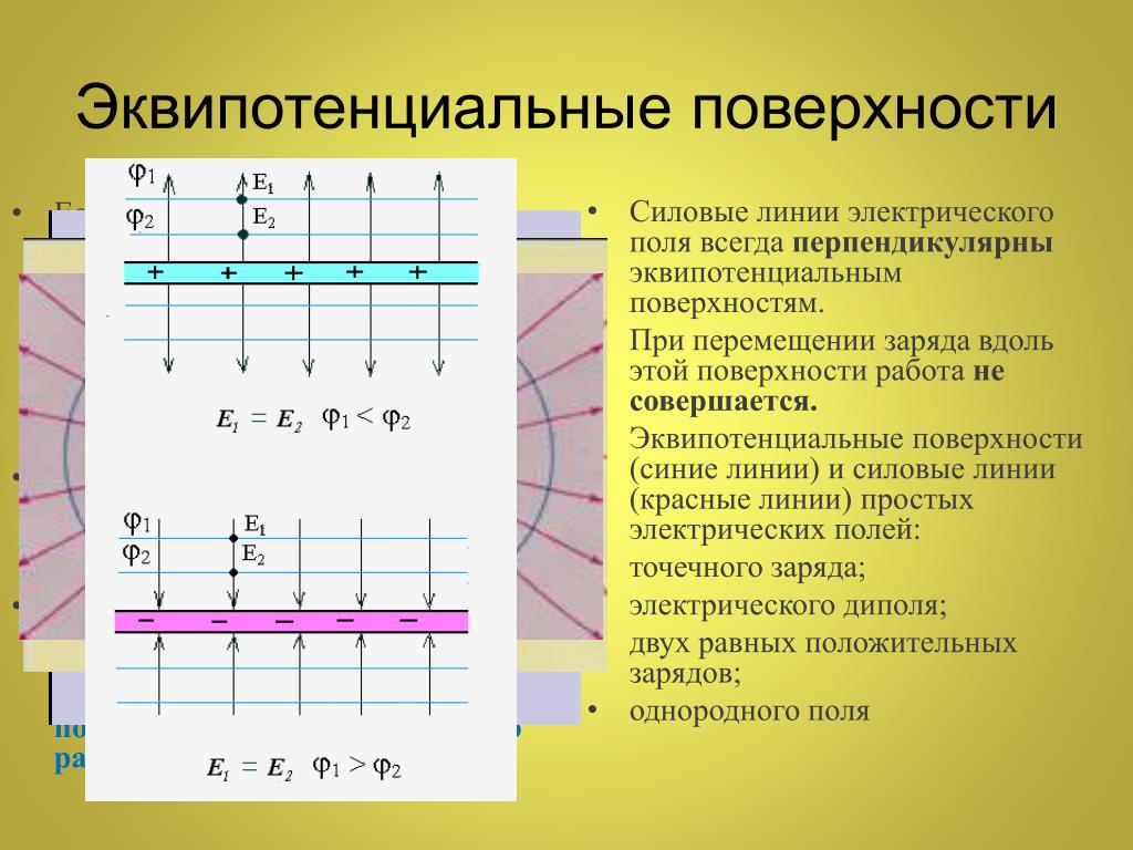 Линии однородного электрического поля. Силовые линии и эквипотенциальные поверхности. Силовые и эквипотенциальные линии электрического поля. Экви потанциальные поверхности. Эква потенциальные поверхности.