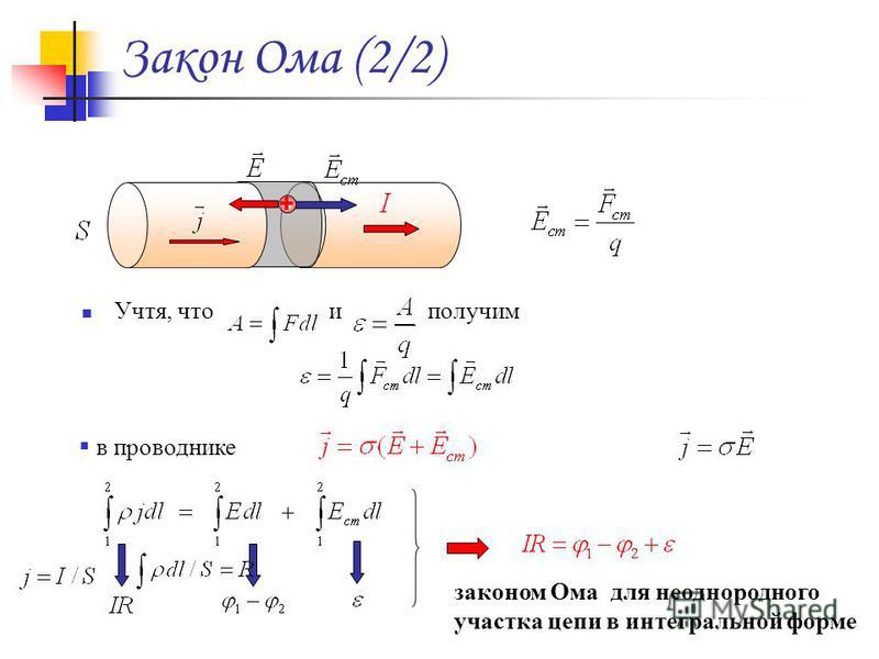 Дифференциальный закон ома. Интегральная формула закона Ома. Закон Ома в интегральной форме для неоднородного участка. Закон Ома в интегральной форме для замкнутой цепи. Закон Ома для неоднородного участка цепи в интегральной форме.