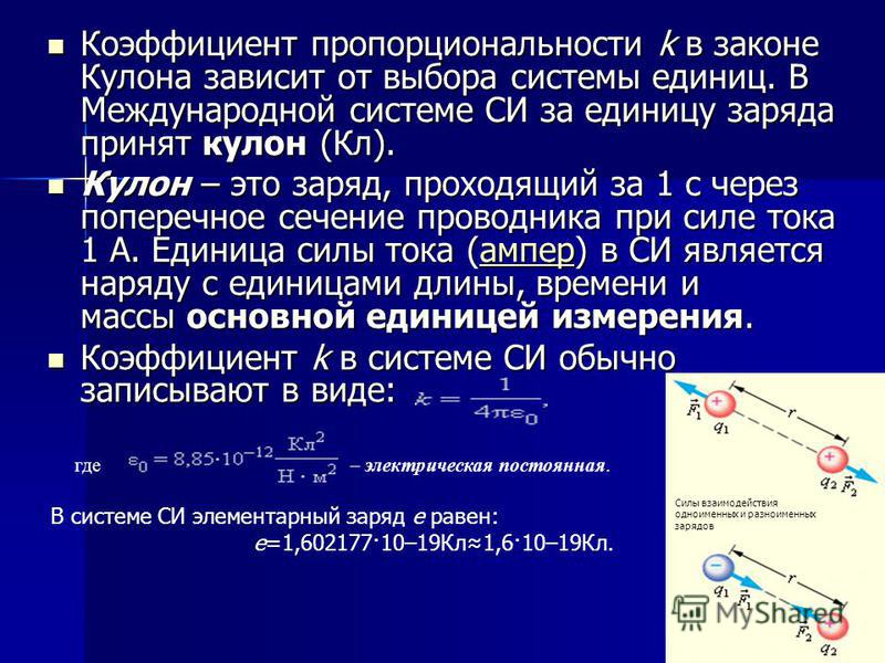 Коэффициент k в законе кулона