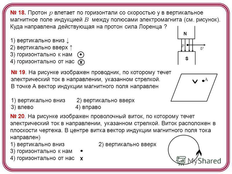 Определите направление силы лоренца действующей на протон в изображенном на рисунке