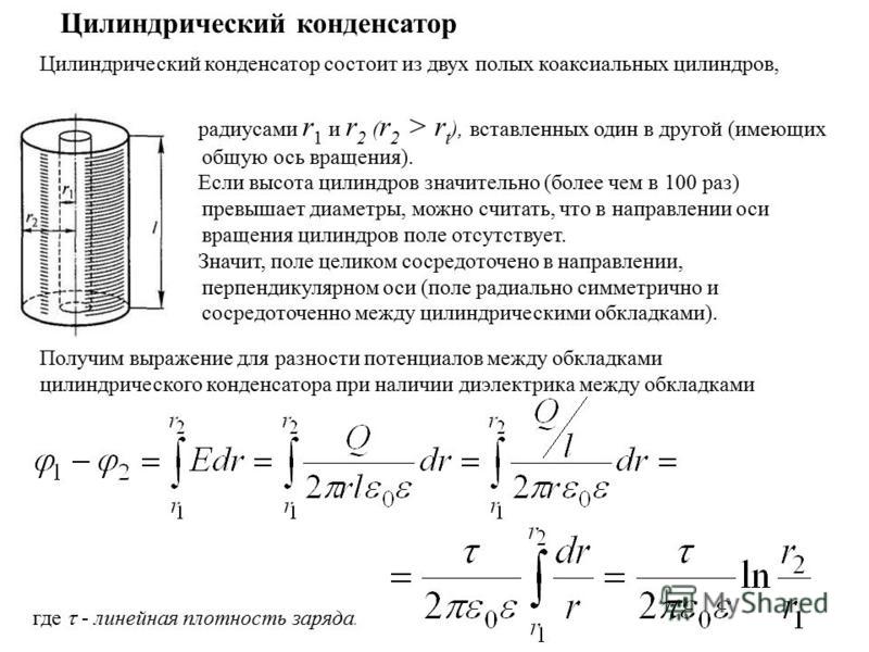 Между обкладками. Цилиндрический конденсатор состоит из проволоки диаметром 5 мм. Цилиндрический конденсатор формула. Цилиндрический бесконечно длинный диэлектрический конденсатор. Потенциал между двумя коаксиальными цилиндрами.