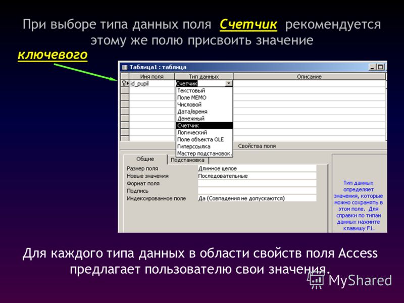 Задать поле. Поле в MS access это. Запрос с вычисляемым полем в access. Поле базы данных access. Счетчик в Тип данных 2016 аксесс.