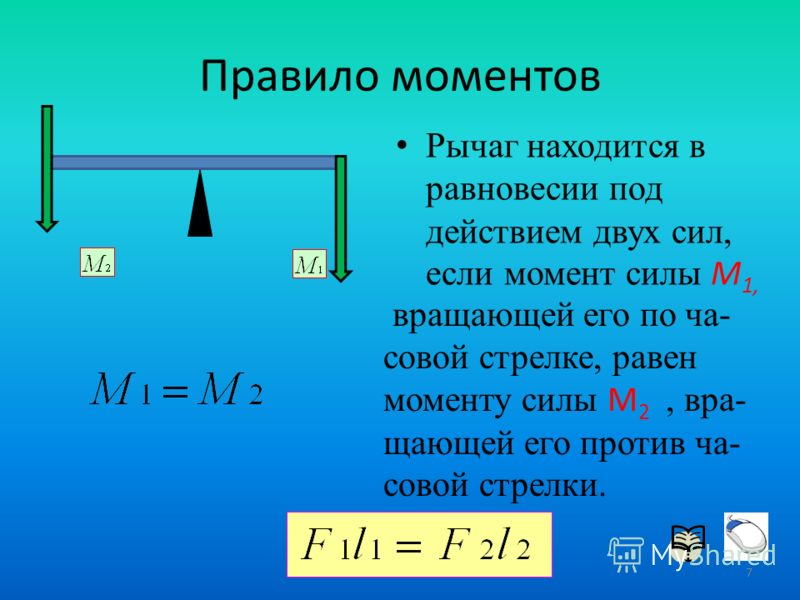 К концам рычага находящегося. Правило моментов сил физика. Момент силы правило моментов. Правило моментов сил для рычага. Правило моментов физика рычаг.