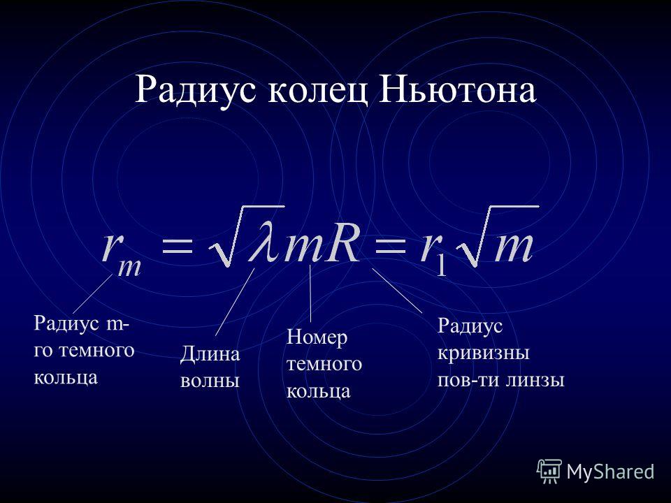 Величины волн. Радиус кривизны линзы кольца Ньютона. Радиус светлых и темных колец Ньютона. Радиус светлого кольца Ньютона. Радиус m-го темного кольца Ньютона;.