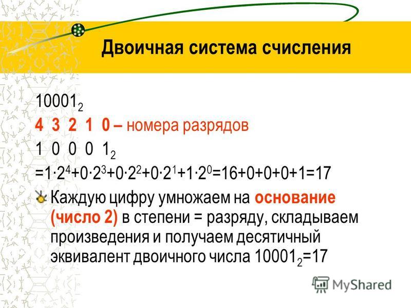 Числа с основанием 10. Двоичная система исчисления. Десятичный эквивалент двоичного числа. Разряды в двоичной системе. Двоичная основание и цифры.