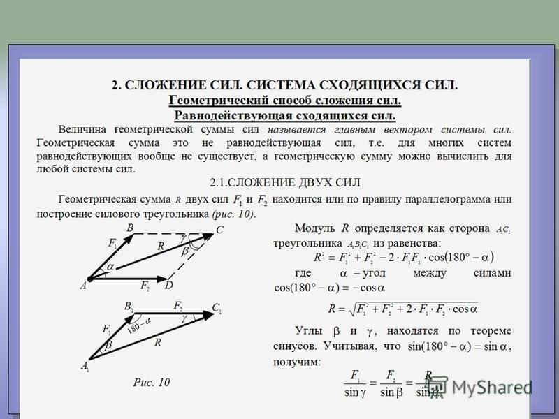 Сложение система сил. Геометрический способ сложения сходящихся сил. Сложение векторов сил. Сложение векторов геометрически.