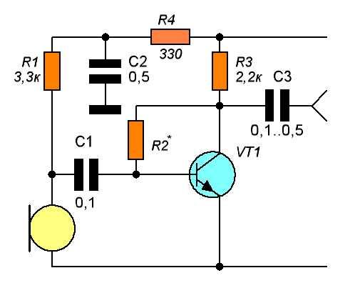 Простая схема микрофонного усилителя на одном транзисторе