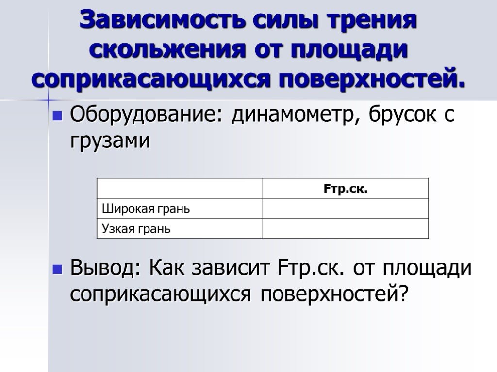 От чего зависит сила скольжения. Зависимость силы трения от площади. Зависимость силы трения от площади соприкасающихся поверхностей. Зависимость силы трения скольжения от площади. Как сила трения зависит от площади соприкасающихся поверхностей.