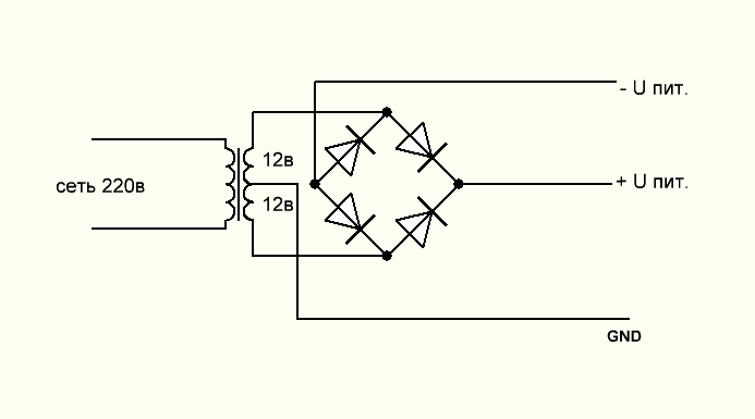 Схема диодного моста из 4 диодов для зарядки аккумулятора