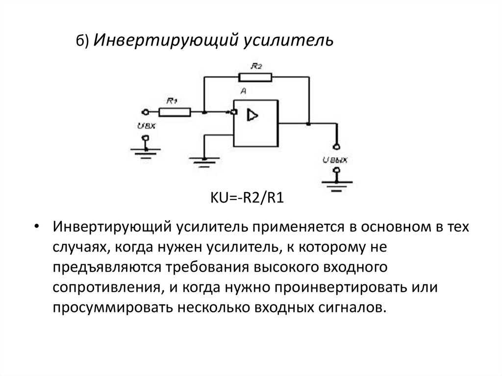 Инвертирующая схема включения операционного усилителя с отрицательной обратной связью