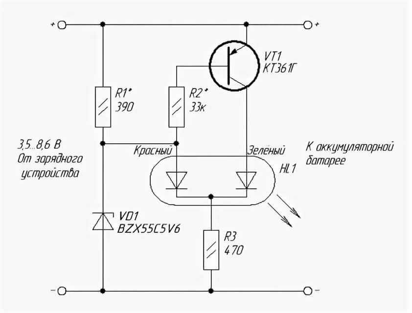 Схема индикатора разряда батареи на светодиоде