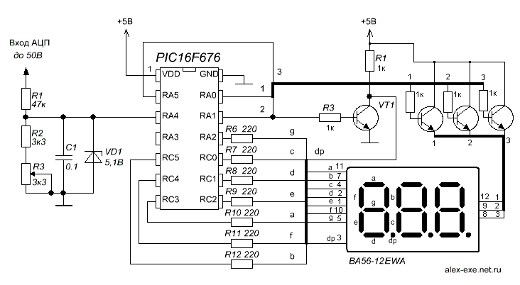 Схема вольтметра на PIC16F676