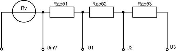 Схема включения вольтметра с добавочными сопротивлениями