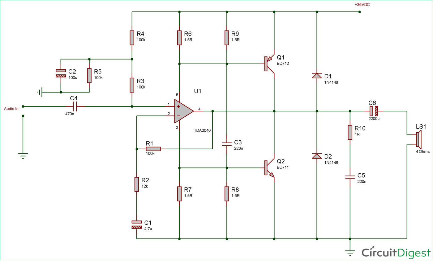 40 Watt Audio Amplifier Circuit Diagram using TDA2040 and Transistor Pair