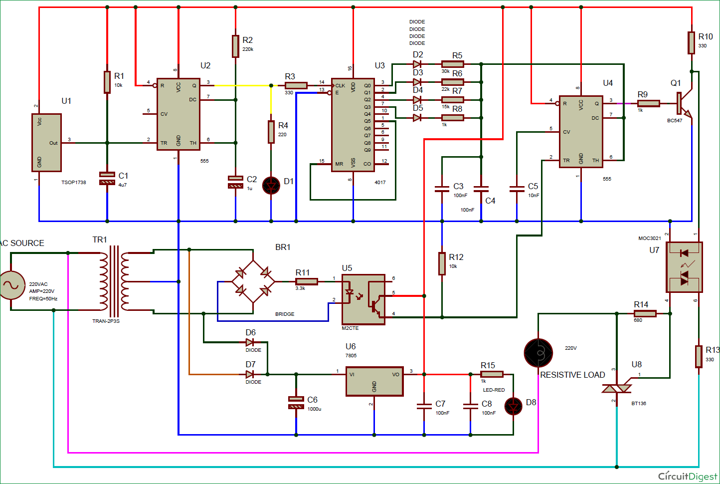 IR Remote Controlled TRIAC AC Light Dimmer Circuit diagram