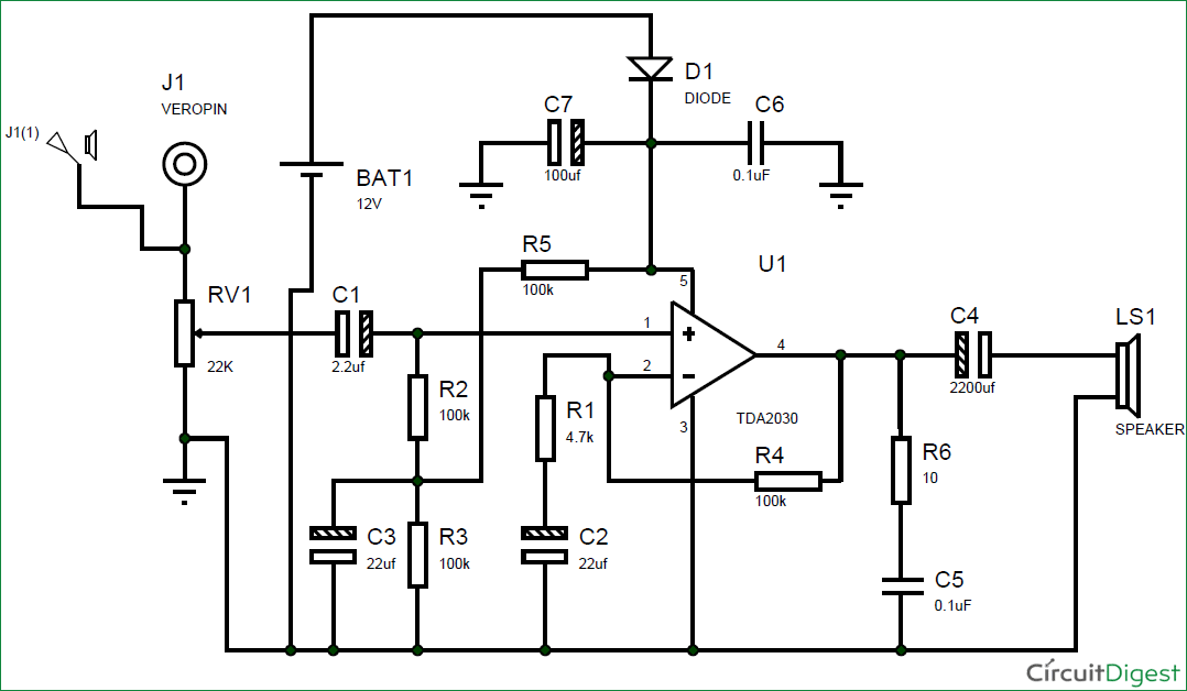 Subwoofer Amplifier Using IC TDA2030 circuit diagram