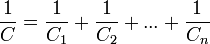 \frac{1}{C} = \frac{1}{C_1} + \frac{1}{C_2} + ... + \frac{1}{C_n}