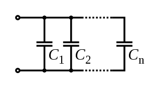 A diagram of several capacitors, side by side, both leads of each connected to the same wires.