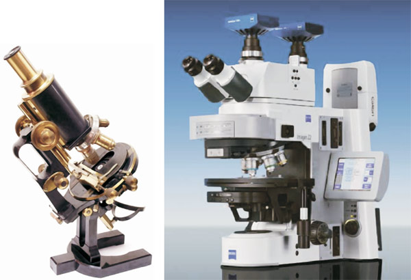 Рис. 1. Оптические микроскопы. Слева — микроскоп фирмы Carl Zeiss 1906 года, справа — современный исследовательский микроскоп той же фирмы с двумя видеокамерами на основе ПЗС-матриц сверху. Изображение: «Квант»