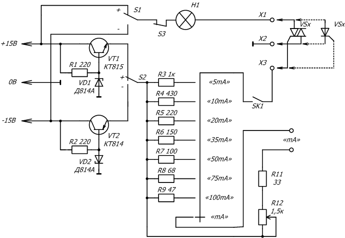 принципиальная схема прибора для проверки тиристоров и симисторов