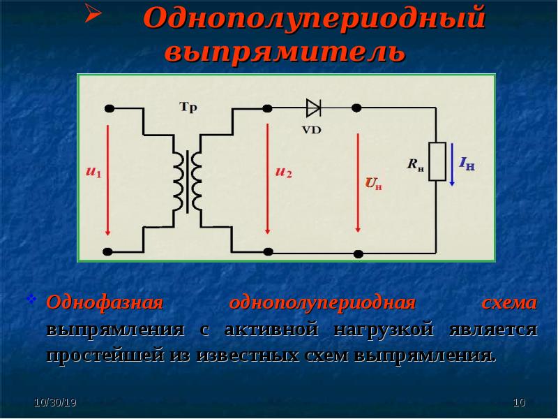 Однополупериодная схема выпрямления с активной нагрузкой