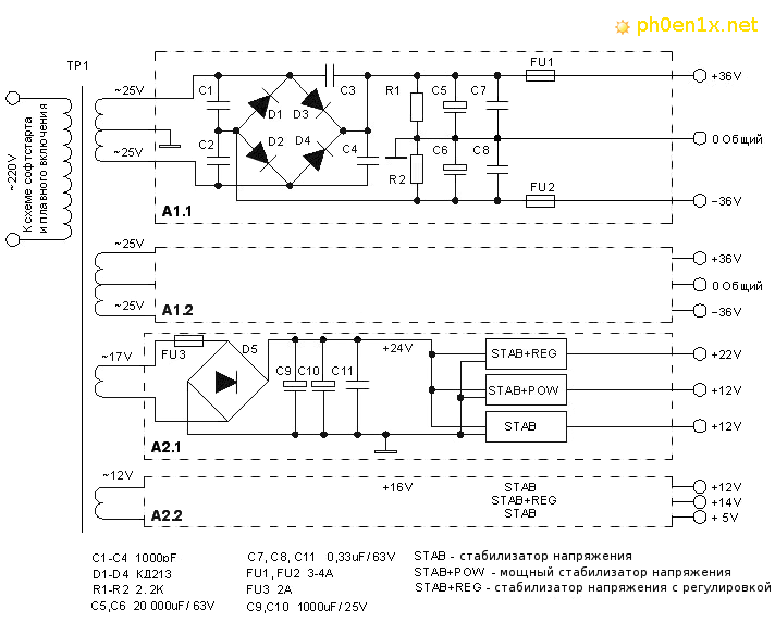 схема источника питания для самодельного усилителя мощности НЧ