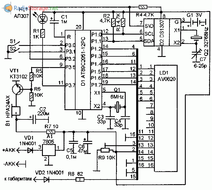 Принципиальная схема часов-будильника на АТ89С2051 и DS1307