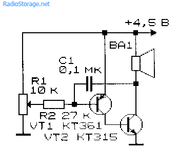 Схема генератора звуковых импульсов собранного на транзисторах