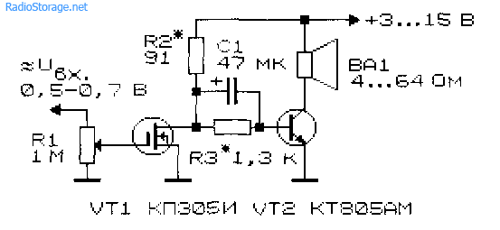 Схема простого усилителя низкой частоты на двух транзисторах