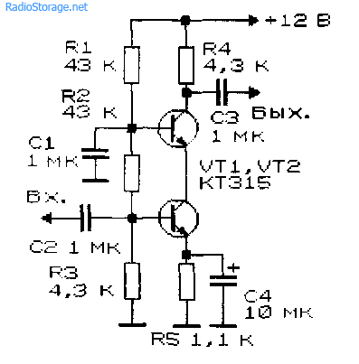Каскадный УНЧ на двух транзисторах с коэффициентом усиления = 5
