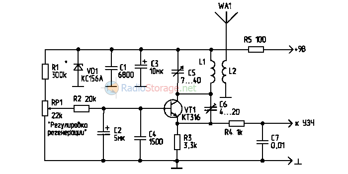 Принципиальная схема простого приемника сверхрегенератора на одном транзисторе