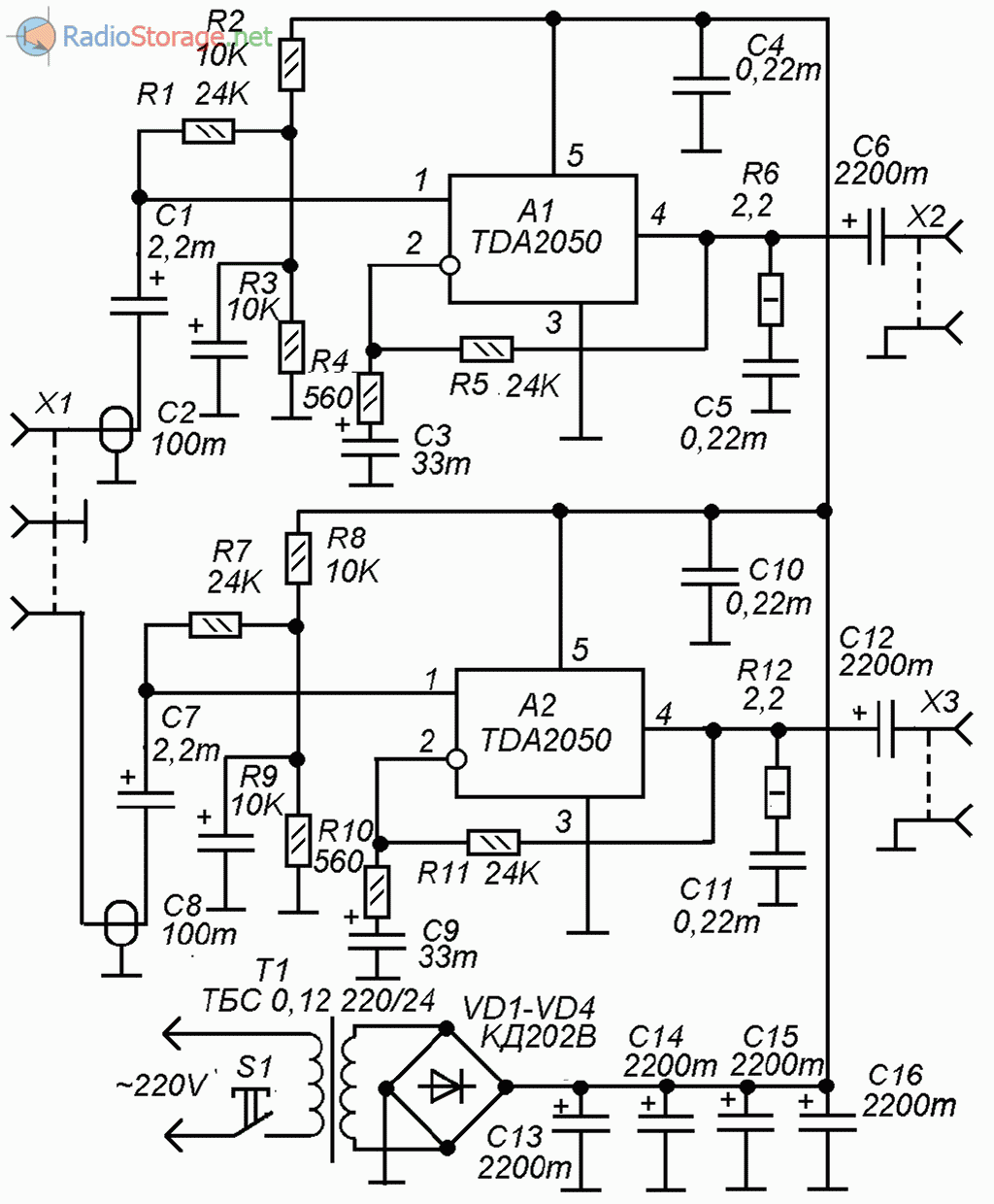 Схема двухканального УМЗЧ на микросхемах TDA2050 (25Вт)