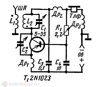 Схема однотранзисторного сверхрегенератора 1970 год