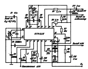 Типовая схема включения ИМС К174ХА6 в качестве УПЧ ЧМ-тракта радиоприемников. Резистор R5 используется для установки порога срабатывания бесшумной настройки; R1 подбирается для получения требуемой добротности контура; СЗ, С8 подбираются при настройке на частоту 10,7 МГц