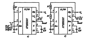 Принципиальные схемы генераторов импульсов на микросхеме КР1006ВИ1: а—в ждущем режиме; /„—1 JK/C 7 ; 6— в режиме автогенерации; / L = 0,69(Л/ н- R 2 ) С7; гг ~0,69Я2С1; R1 + R2 не более 10 МОм при £/„=15 В и не более 3 МОм при j/„=5 В, минимальное значение 2 кОм
