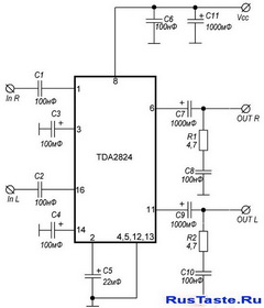 Усилитель TDA2824, TDA2824S 2Вт(1.8Вт 4Ом)