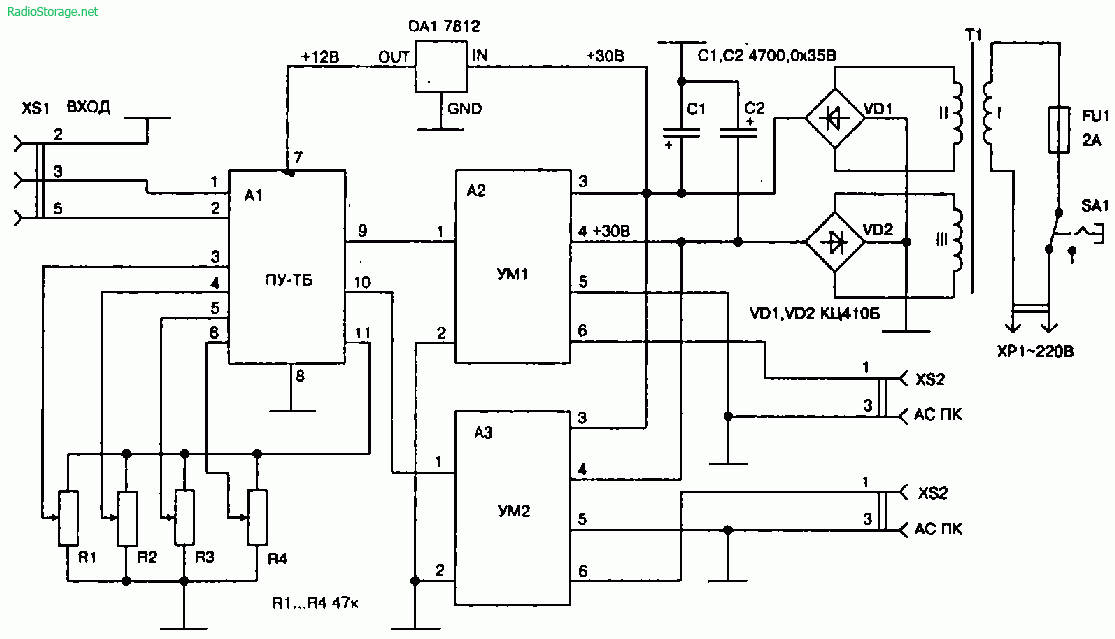 Схема усилителя звуковой частоты 2х50Вт с предусилителем (TDA1514A, TDA1524A)