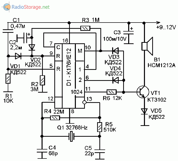 Принципиальная схема сигнализатора с таймером на микросхеме К176ИЕ12