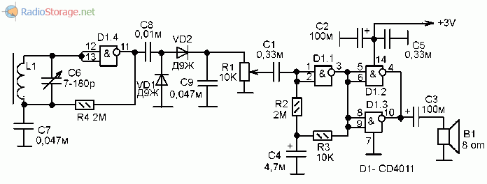 Принципиальная схема приемника на микросхеме К176ЛА7, К176ЛЕ5, CD4001