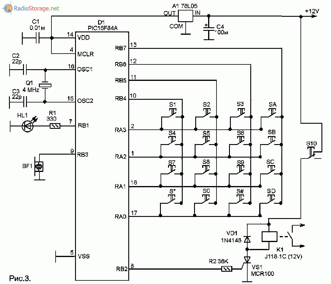 Принципиальная схема кодового замка на микроконтроллере P1C16F84A