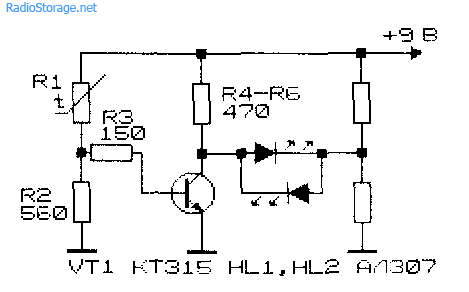 Принципиальная схема простого термо-индикатора на одном транзисторе и светодиодах