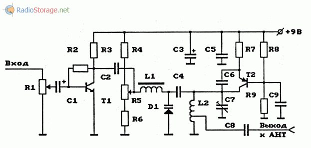 Схема УКВ ЧМ-передатчика на биполярном транзисторе с электронной перестройкой частоты